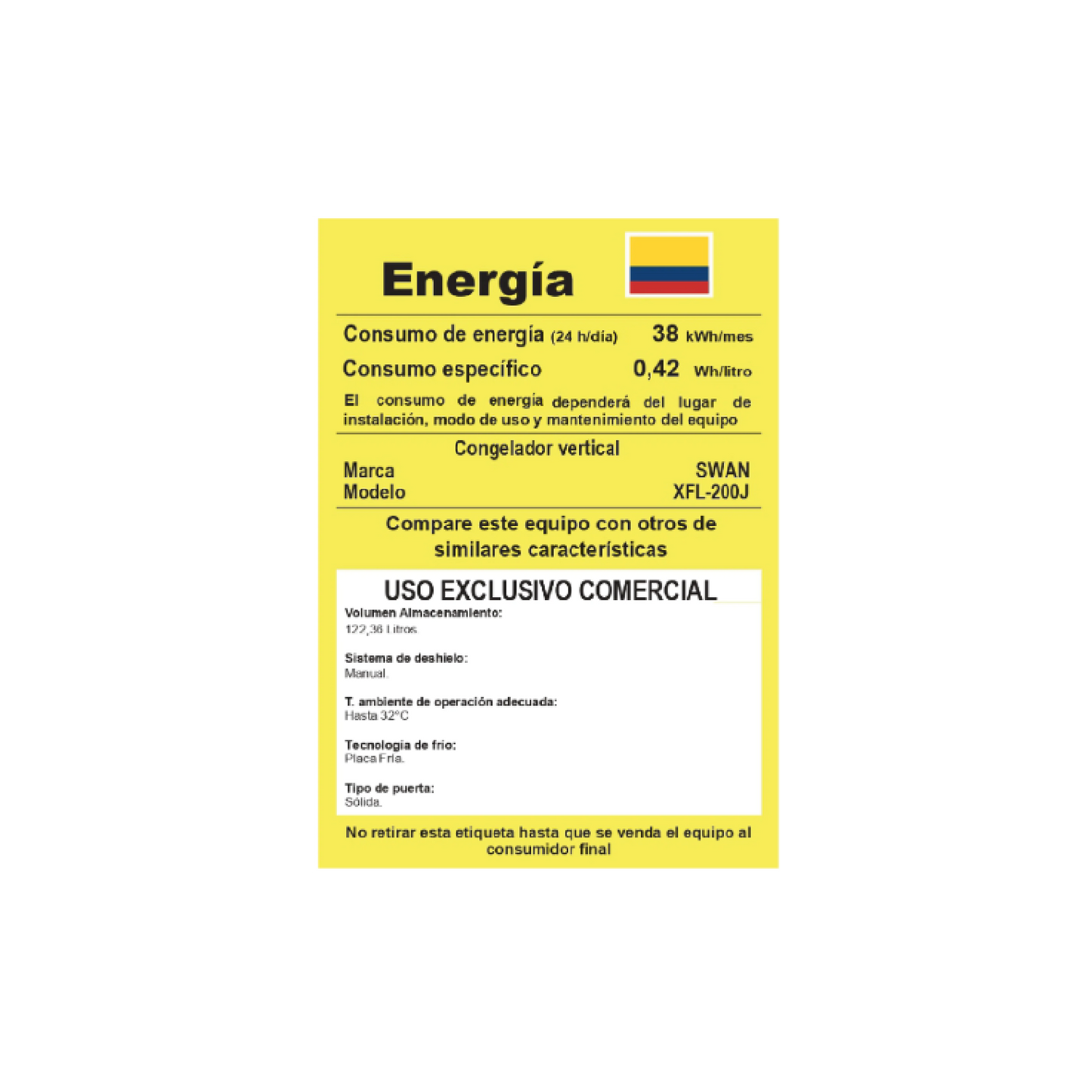 CONGELADOR SWAN XFL200J VERTICAL PUERTA SOLIDAD/CS