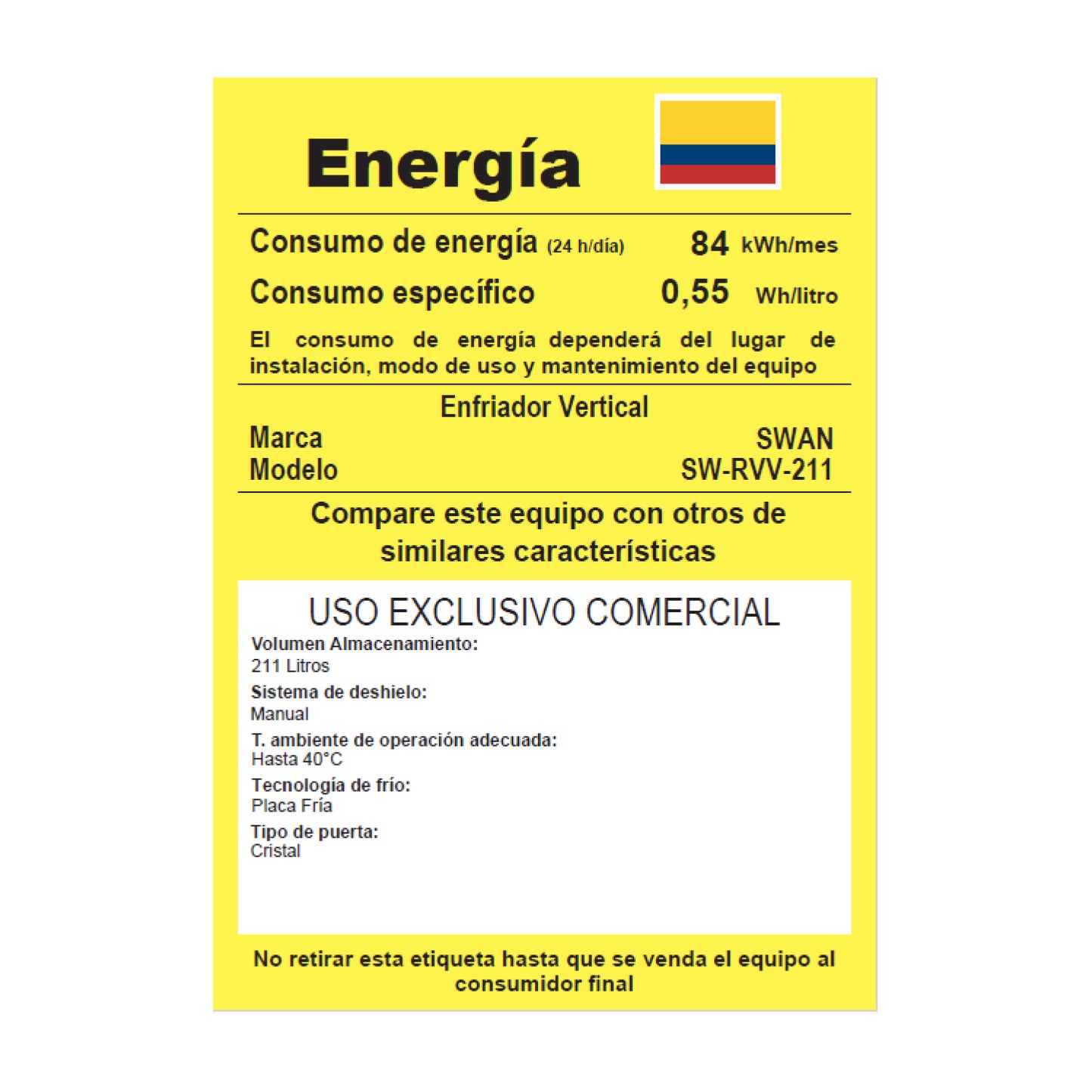 VITRINA REFRIGERADA SWAN 211 LITROS | SW-RVV-211