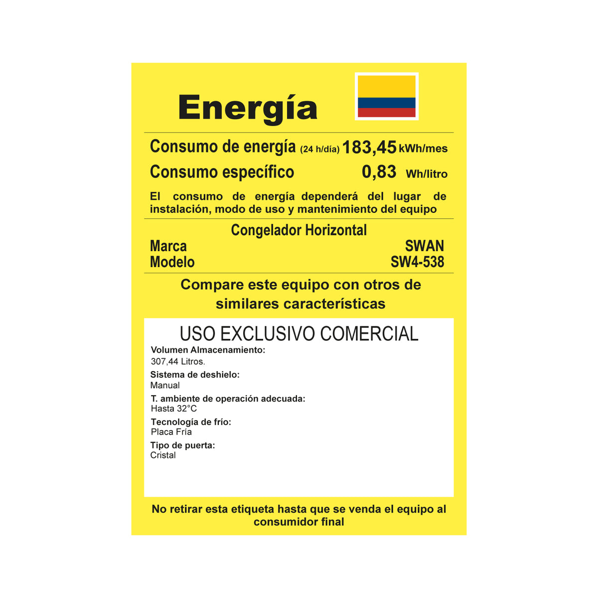 CONGELADOR SWAN CHV 307,44 LITROS CON TAPA DE VIDRIO |SW4-538