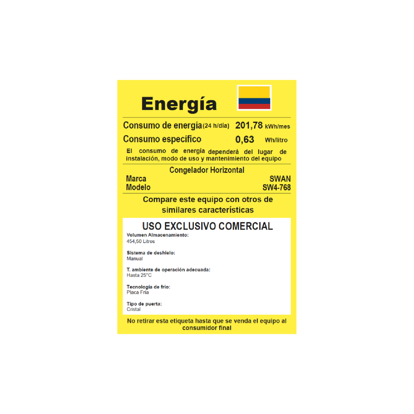 CONGELADOR SWAN CHV SW-768 TAPA DE VIDRIO