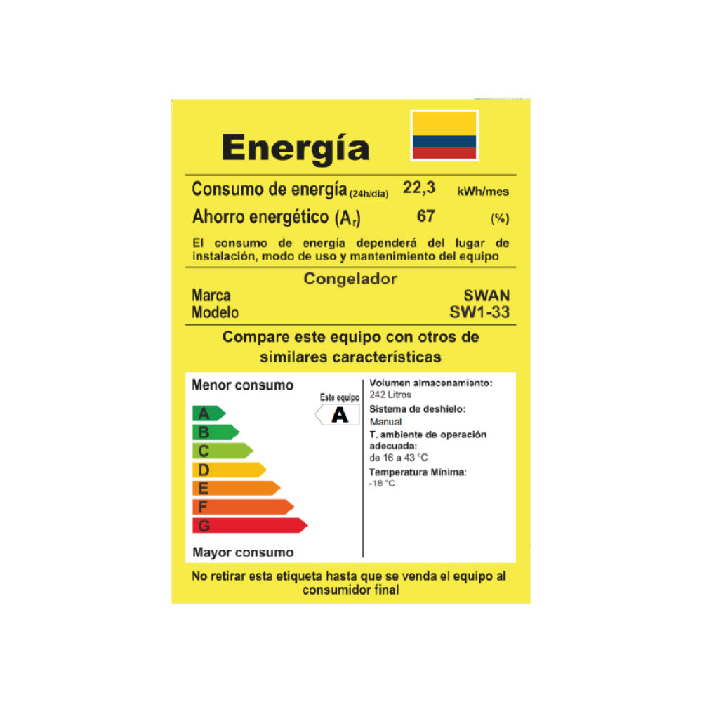 CONGELADOR SWAN SW1-33 PUERTA SÓLIDA VERTICAL - 242L