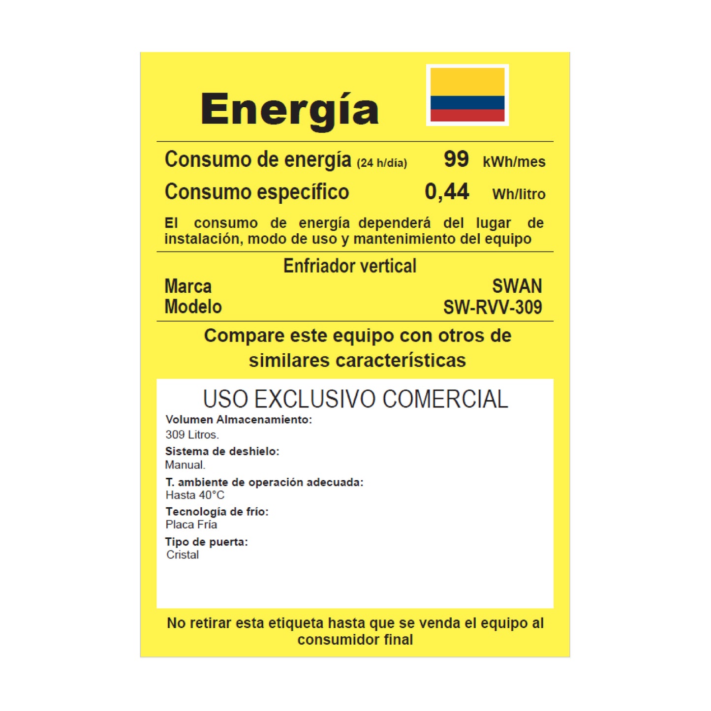 VITRINA REFRIGERADA SWAN 309 LITROS | SW-RVV-309