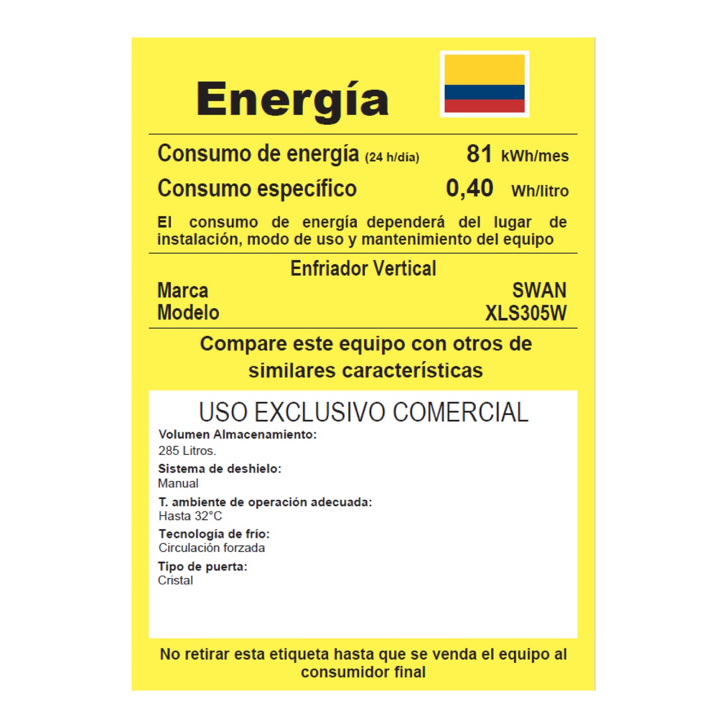 VITRINA REFRIGERADA SWAN 285 Litros | XLS 305W