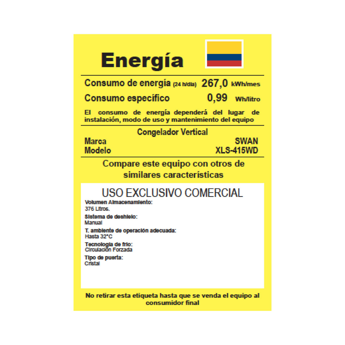 CONGELADOR VERTICAL SWAN 376 LITROS PUERTA DE VIDRIO | XLS-415 WD