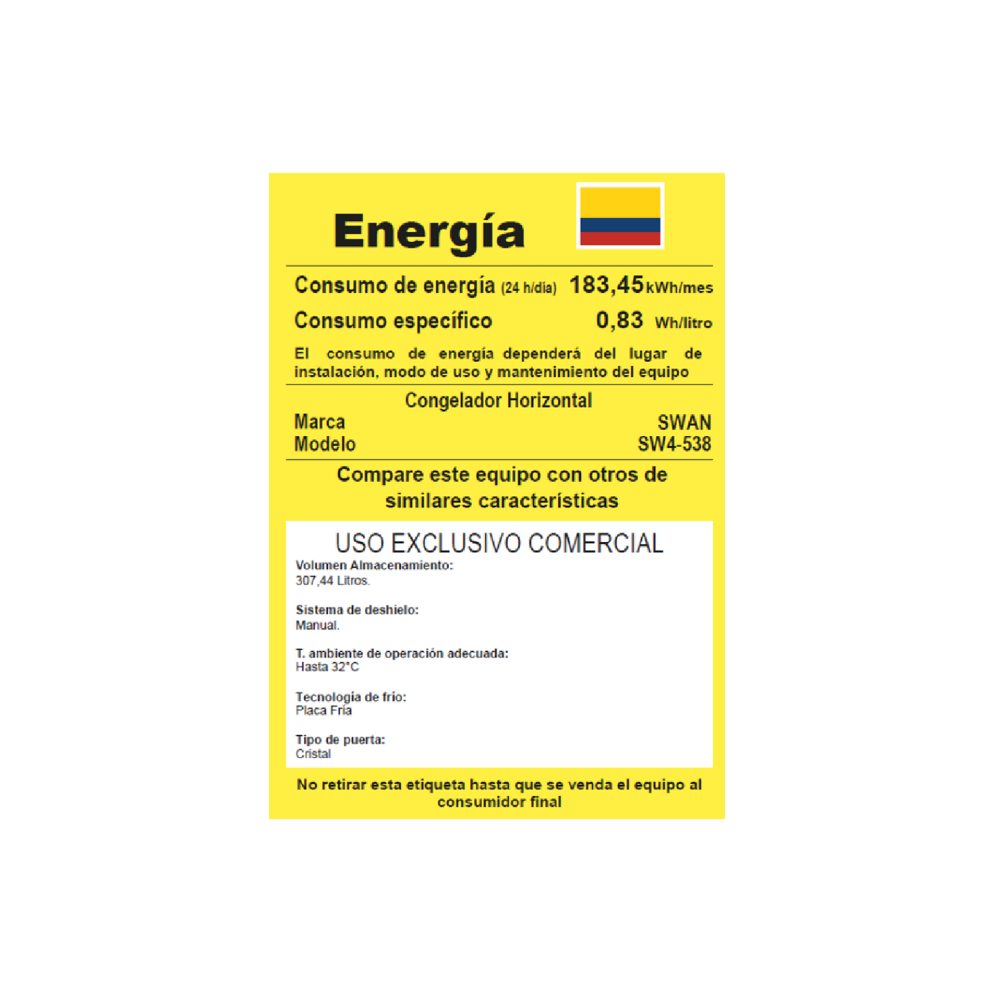 CONGELADOR SWAN CHV SW-538 TAPA DE VIDRIO