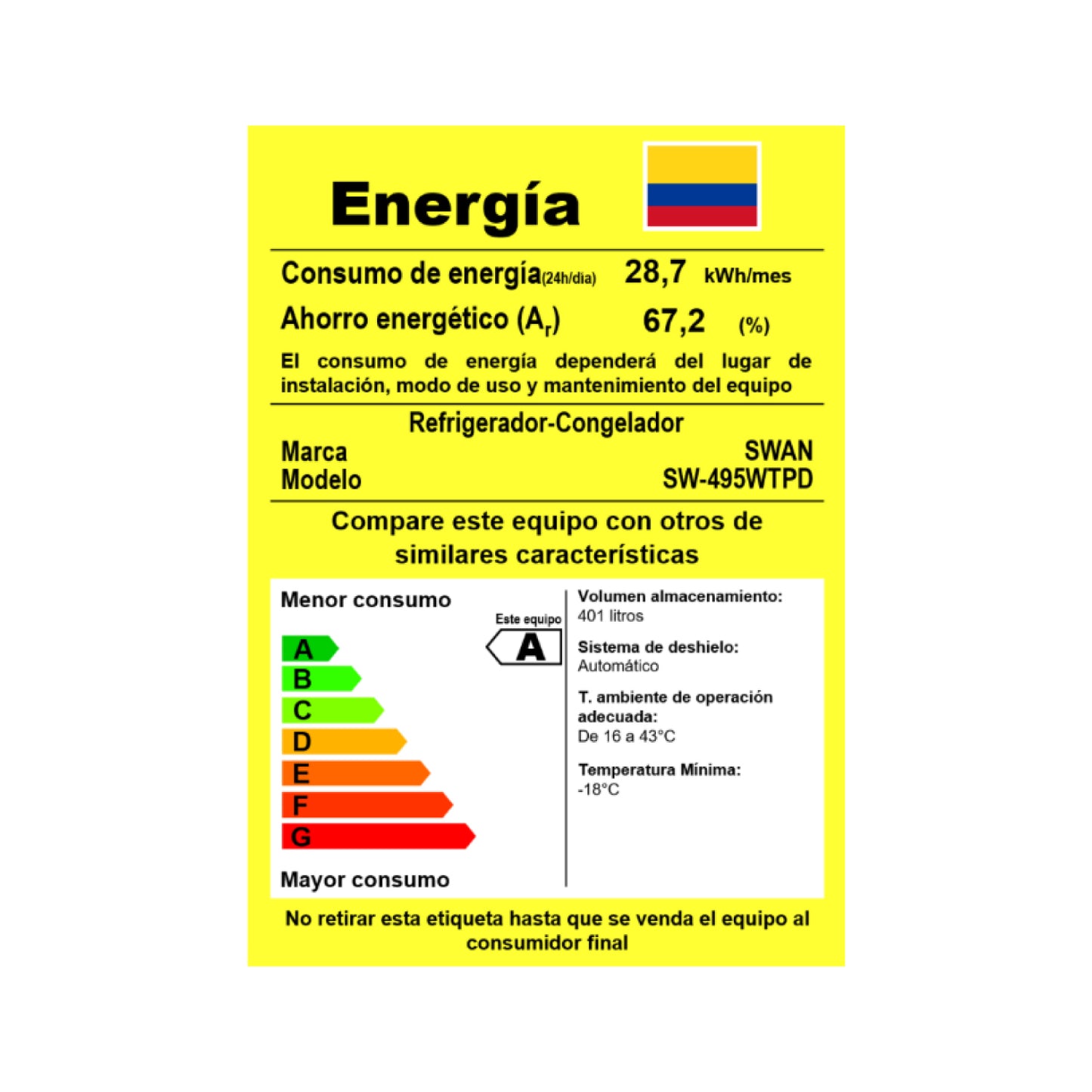 Nevera Swan 401 L No Frost con Manija Integrada | SW-495WTPD
