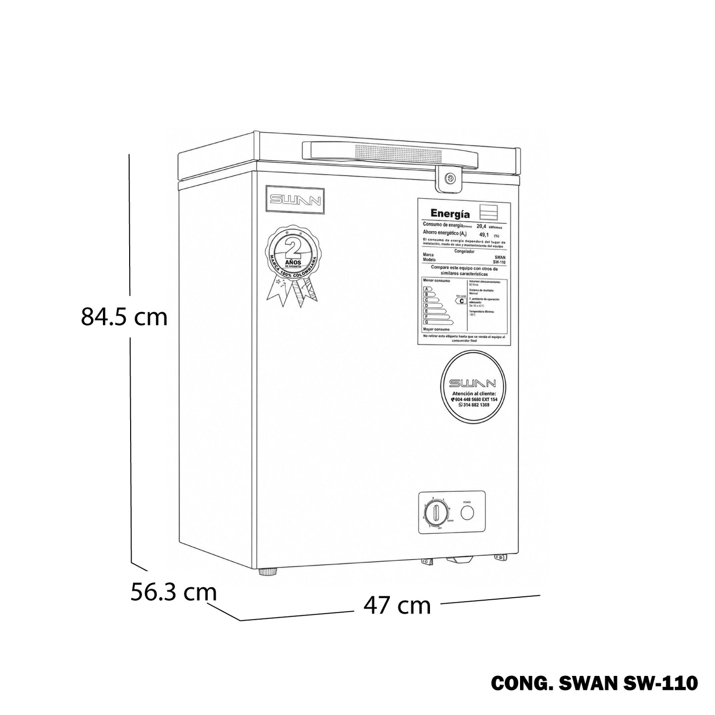 Congelador Horizontal SWAN 92L Puerta Sólida Convertible| SW-110