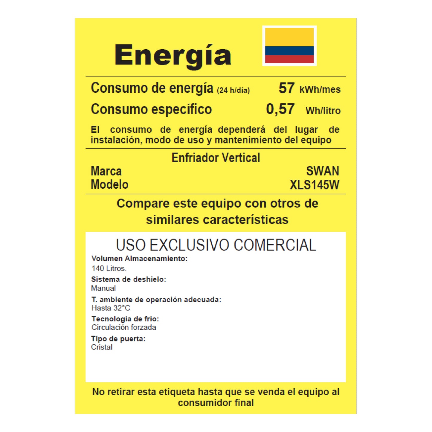 VITRINA REFRIGERADA SWAN 140 Litros | XLS 145W