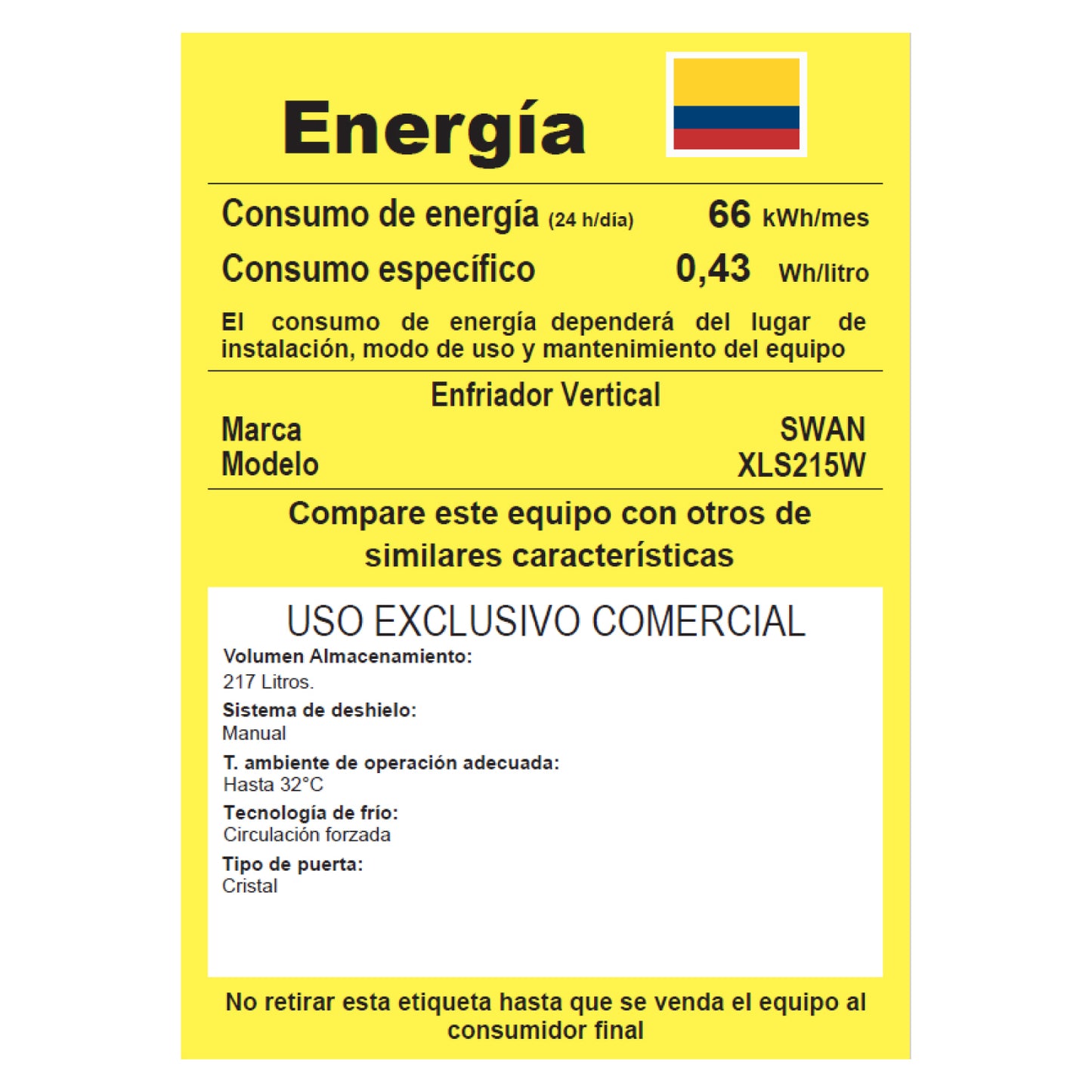 VITRINA REFRIGERADA SWAN 217 Litros | XLS 215W