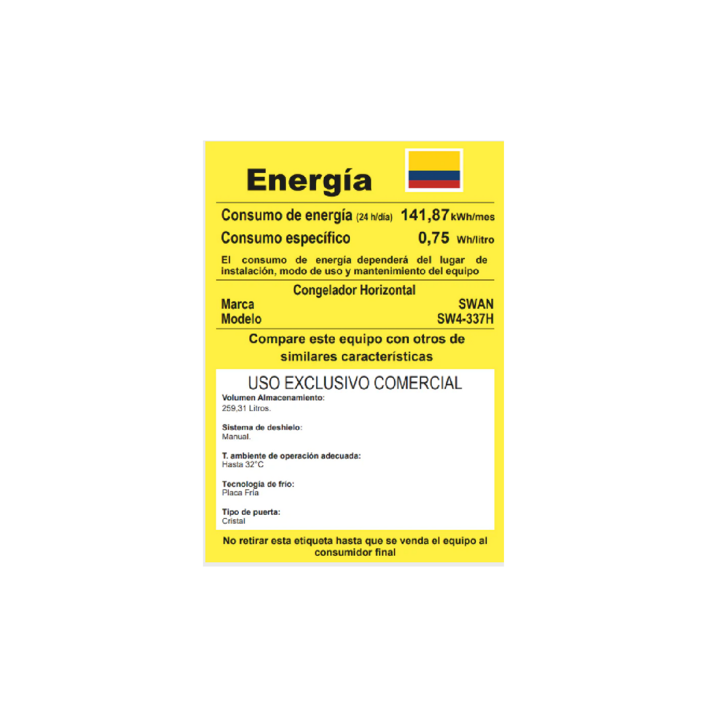 CONGELADOR SWAN CHV SW-337H TAPA DE VIDRIO